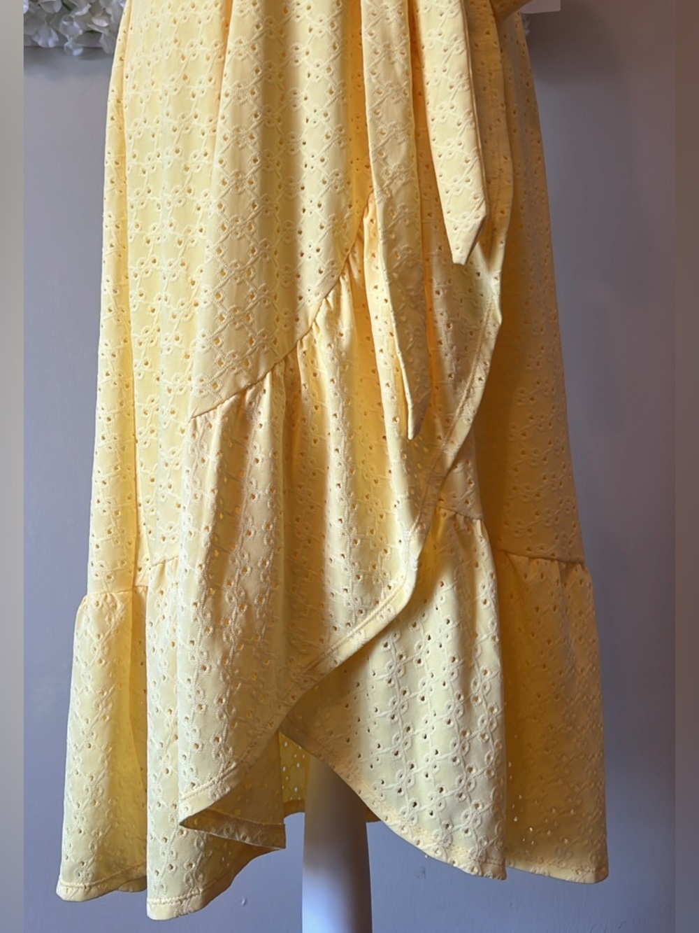 London Times Sunny Yellow Eyelet Wrap Midi Dress - Picture 3 of 10